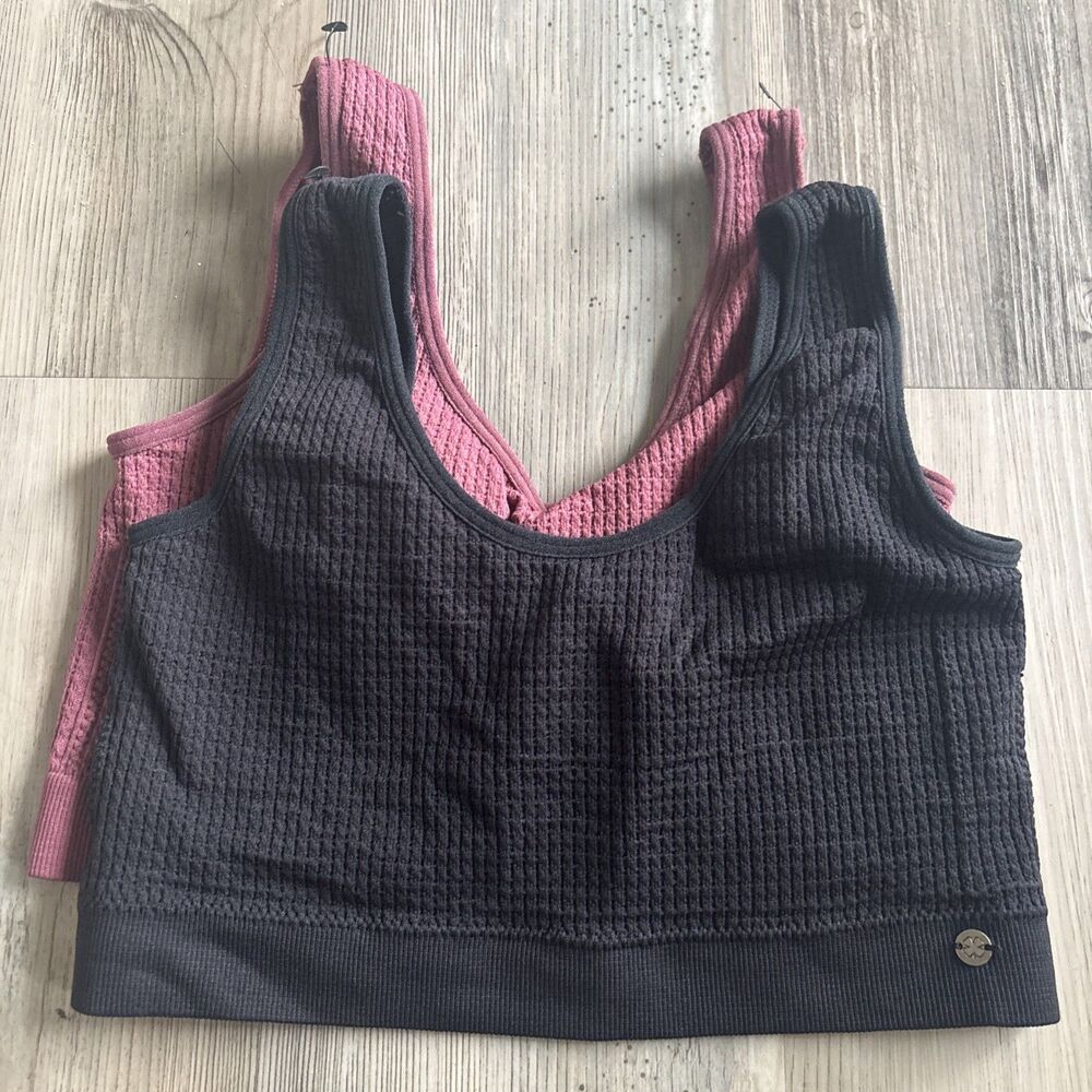 NWOT Lucky Brand Bundle of Two Black Maroon Waffle Sports Bra Yoga Gym Size M